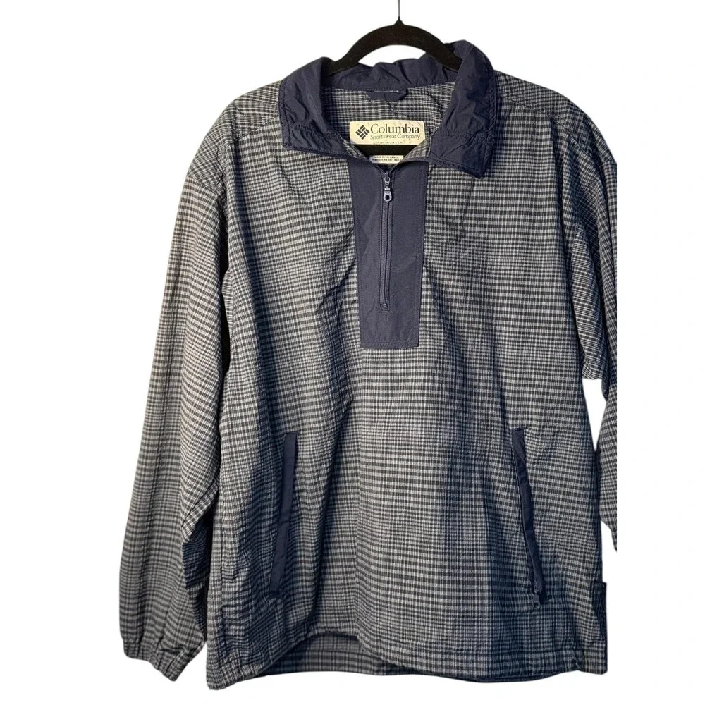 VTG Columbia Windbreaker Navy‎ Plaid Quarter Zip Pullover Jacket Youth M Boys